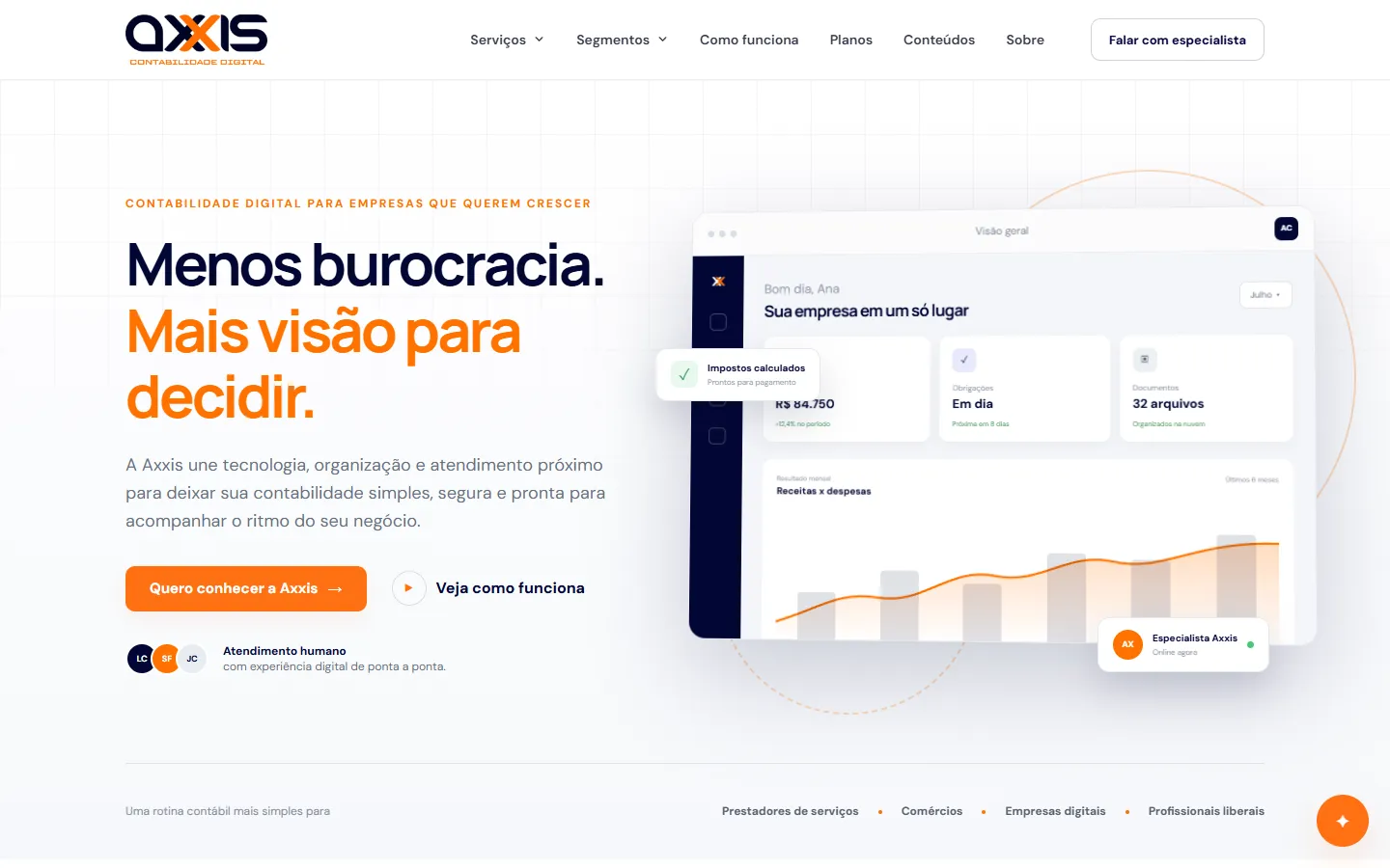 Página inicial do site da Axxis Contabilidade Digital no computador, com o título “Menos burocracia. Mais visão para decidir.”