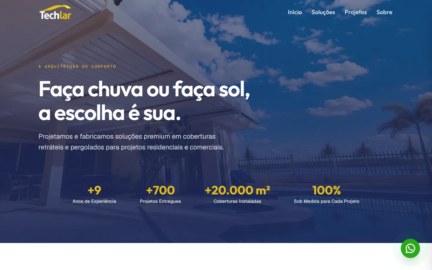 Página inicial do site da Techlar no computador, com coberturas retráteis e o título “Faça chuva ou faça sol, a escolha é sua.”